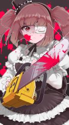 Rule 34 | 1girl, black hat, black skirt, blood, blood on face, blunt bangs, brown hair, chainsaw, eyepatch, goten (510gensoku), hanazono yurine, hat, highres, jashin-chan dropkick, long sleeves, looking at viewer, mini hat, power tool, puffy long sleeves, puffy sleeves, red eyes, skirt, solo, twintails, white sleeves