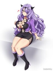 Rule 34 | 1girl, black footwear, breasts, camilla (fire emblem), canadiananiguy, cleavage, cosplay, dress, fake horns, fire emblem, fire emblem fates, hair over one eye, hand on own chest, heart, high heels, highres, horns, jacket, large breasts, long hair, looking at viewer, nintendo, purple eyes, purple hair, purple jacket, shermie (kof) (cosplay), sitting, solo, stole, taut clothes, taut dress, thick thighs, thighs, tiara, wavy hair