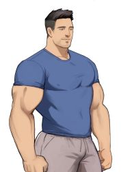 Rule 34 | 1boy, arbbun, bara, blue shirt, bulge, commentary request, covered erect nipples, facial hair, goatee, highres, large pectorals, male focus, mature male, muscular, muscular male, mustache, original, pectorals, shirt, short hair, smile, solo, stubble, thick thighs, thighs, tight clothes, tight shirt, undercut, white background