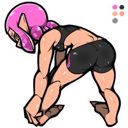 1girl ass bare_arms bare_legs bare_shoulders barefoot bent_over bike_shorts black_shorts black_sports_bra breasts color_guide full_body hand_on_own_foot inkling inkling_girl inkling_player_character name_omoitukan2 nintendo orange_eyes pink_hair pointy_ears shiny_skin short_hair shorts simple_background small_breasts solo splatoon_(series) sports_bra tentacle_hair thick_lineart underboob white_background