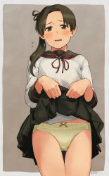 Rule 34 | 1girl, anchor symbol, ayanami (kancolle), banned artist, black skirt, blush, brown eyes, brown hair, clothes lift, flying sweatdrops, hair ribbon, highres, kantai collection, lifted by self, long hair, long sleeves, looking at viewer, makio (makiomeigenbot), panties, parted lips, pleated skirt, ponytail, ribbon, sailor collar, school uniform, serafuku, side ponytail, signature, simple background, skirt, skirt lift, solo, symbol-only commentary, two-tone background, underwear, yellow panties
