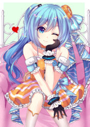 Rule 34 | 1girl, absurdres, aqua hair, black gloves, blue eyes, choker, dress, gloves, hatsune miku, heart, highres, long hair, looking at viewer, one eye closed, shanguier, smile, solo, thighhighs, twintails, vocaloid