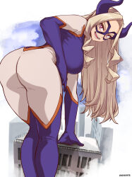 Rule 34 | 1girl, aosora2823, artist name, ass, black mask, blonde hair, blue gloves, blue horns, blue thighhighs, boku no hero academia, breasts, building, from behind, giant, giantess, gloves, highres, horns, large breasts, long hair, looking at viewer, looking back, mask, mount lady, open mouth, red eyes, smile, solo, superhero costume, teeth, thighhighs