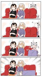 Rule 34 | 3girls, 4koma, :d, absurdres, ahoge, bell, black shirt, black shorts, blanket, blush, blush stickers, closed eyes, closed mouth, clothes writing, comic, couch, crossed arms, eighth note, emphasis lines, fate/grand order, fate (series), hair between eyes, headpiece, highres, holding, holding blanket, jeanne d&#039;arc (fate), jeanne d&#039;arc (ruler) (fate), jeanne d&#039;arc alter (avenger) (fate), jeanne d&#039;arc alter (fate), jeanne d&#039;arc alter santa lily (fate), lap pillow, layered sleeves, light brown hair, long hair, long sleeves, multiple girls, musical note, nose bubble, notice lines, open mouth, pink shirt, purple shirt, ranf, shirt, short over long sleeves, short sleeves, shorts, silent comic, sitting, sleeping, sleeping on person, sleeping upright, smile, very long hair, you&#039;re doing it wrong