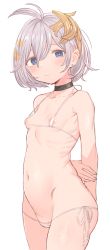 Rule 34 | areola slip, arms behind back, bare arms, bare shoulders, bikini, black choker, blue eyes, blush, breasts, choker, closed mouth, collarbone, commentary request, earrings, eyebrows hidden by hair, granblue fantasy, grey hair, groin, hair between eyes, highres, jewelry, looking at viewer, makabe gorou, micro bikini, navel, side-tie bikini bottom, simple background, small breasts, stud earrings, swimsuit, white background, white bikini, yuni (granblue fantasy)