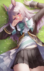 Rule 34 | 1girl, animal ears, blush, breasts, commentary request, grass, hair ornament, highres, horse ears, horse girl, long hair, looking at viewer, lying, mejiro mcqueen (umamusume), meraring, midriff peek, outstretched arms, purple eyes, purple hair, ribbon, small breasts, solo, spread arms, umamusume