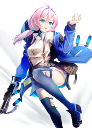 Rule 34 | 1girl, ahoge, arknights, black shorts, black thighhighs, blue eyes, blue footwear, blue jacket, blue poison (arknights), blue poison (elite ii) (arknights), boots, bow (weapon), crossbow, feet out of frame, hair between eyes, hair intakes, hand up, highres, holding, holding weapon, hood, hood up, hooded jacket, jacket, long hair, looking away, looking to the side, low twintails, open clothes, open jacket, parted lips, pink hair, short shorts, shorts, smile, solo, thighhighs, thighhighs under boots, twintails, weapon, white background, yokaze (yokajie)