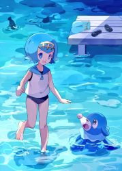 Rule 34 | 1girl, artist name, bad id, bad twitter id, bare shoulders, barefoot, blue eyes, blue footwear, blue hair, blue one-piece swimsuit, blue pants, blue theme, clenched hand, creatures (company), eye contact, female focus, fish, flat chest, game freak, gen 7 pokemon, hairband, hand up, happy, lana (pokemon), looking at another, looking up, matching hair/eyes, mei (maysroom), nintendo, one-piece swimsuit, open mouth, outdoors, pants, partially submerged, pier, pokemon, pokemon (creature), pokemon sm, popplio, sandals, shallow water, shirt, short hair, signature, sleeveless, sleeveless shirt, smile, standing, standing on one leg, swimsuit, swimsuit under clothes, trial captain, unworn footwear, unworn pants, unworn sandals, wading, water, white shirt, yellow hairband