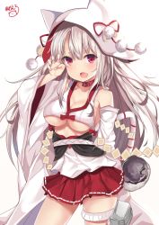 Rule 34 | 1girl, :d, akino ell, animal ears, animal hood, arm up, azur lane, bare shoulders, blush, breasts, claw pose, cleavage, collar, collarbone, commentary request, cowboy shot, detached sleeves, fang, fingernails, hair between eyes, highres, hood, long hair, long sleeves, medium breasts, nail polish, open mouth, pink nails, pleated skirt, red collar, red eyes, red skirt, silver hair, simple background, skin fang, skirt, smile, solo, standing, tail, thick eyebrows, underboob, very long hair, white background, wide sleeves, wolf ears, wolf girl, wolf hood, wolf tail, yuudachi (azur lane), yuudachi (the bride of solomon) (azur lane)