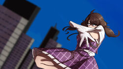 Rule 34 | 1girl, absurdres, blue sky, brown eyes, brown hair, building, cityscape, commentary request, gloves, highres, looking at viewer, looking back, low twintails, medium hair, no headwear, outdoors, plaid, plaid skirt, plaid vest, purple skirt, purple vest, red-framed eyewear, semi-rimless eyewear, short sleeves, skirt, sky, skyscraper, solo, strong anus, touhou, twintails, under-rim eyewear, usami sumireko, vest, white gloves