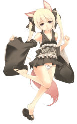 Rule 34 | 1girl, animal ears, blonde hair, blush, bow, bow panties, detached sleeves, elin, fox ears, full body, highres, japanese clothes, kimono, legs, long hair, mary janes, open mouth, panties, pantyshot, purple eyes, ribbon, shoe dangle, shoes, short kimono, solo, tail, tama (tamatamo), tera online, thighhighs, twintails, underwear, white background, white panties, wind, wind lift