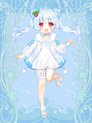 Rule 34 | 1girl, :d, blue background, blue choker, blush, breasts, choker, collarbone, collared dress, copyright request, double bun, dress, grey hair, hair bun, hair ornament, highres, jacket, long hair, long sleeves, looking at viewer, official art, open clothes, open jacket, open mouth, red eyes, sandals, seashell, see-through, shell, shikito (yawa0w0), sleeveless, sleeveless dress, small breasts, smile, snowflake hair ornament, solo, standing, standing on one leg, starfish, twintails, white dress, white footwear