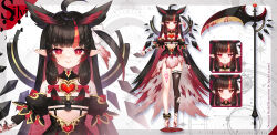 Rule 34 | 1girl, absurdres, ahoge, apple caramel, bare shoulders, black hair, black sleeves, blood, blood on feet, blush, closed mouth, commentary request, copyright request, detached sleeves, ear piercing, highres, layered sleeves, long hair, long sleeves, multicolored hair, multiple views, piercing, pointy ears, puffy short sleeves, puffy sleeves, red eyes, red hair, scythe, short over long sleeves, short sleeves, smile, torn clothes, torn sleeves, two-tone hair, very long hair, virtual youtuber