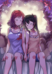 Rule 34 | 10s, 2girls, bare legs, bare shoulders, black hair, bow, camisole, casual, chin rest, collarbone, closed eyes, hair bow, head on head, holding hands, interlocked fingers, love live!, love live! school idol project, multiple girls, nishikino maki, red bow, red hair, saiste, short hair, sitting, sleeping, sleeping upright, twintails, two side up, yazawa nico, yuri