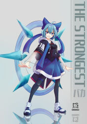 Rule 34 | 1girl, absurdres, ahoge, alternate costume, arddingo, blue bow, blue hair, blue skirt, bow, cirno, commentary, contemporary, detached wings, drawstring, english commentary, english text, full body, grey background, hair bow, highres, ice, ice wings, long sleeves, looking at viewer, reflection, short hair, signature, simple background, skirt, smile, solo, standing, touhou, white footwear, wings