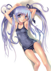 Rule 34 | 1girl, armpits, arms up, bare legs, blue eyes, blue hair, blush, female focus, gradient background, hair ribbon, katahira masashi, lying, matching hair/eyes, on back, one-piece swimsuit, original, ribbon, school swimsuit, simple background, smile, solo, swimsuit, twintails, white background
