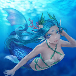 Rule 34 | 1girl, bare arms, bare shoulders, blue eyes, blue hair, colored eyelashes, coral hair ornament, expressionless, eyebrows, fins, hair ornament, hand in own hair, head fins, leaf hair ornament, lips, long hair, looking at viewer, mermaid, monster girl, original, scallop, scotishfold, seaweed, shell, shell bikini, solo, swimming, underwater
