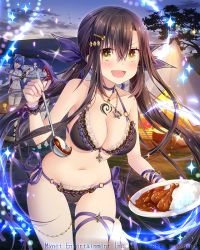 Rule 34 | 3girls, black hair, blue hair, blue ribbon, blush, breasts, cleavage, falkyrie no monshou, hair ornament, hair ribbon, hairclip, hexagram, holding, holding plate, jewelry, ladle, large breasts, long hair, looking at viewer, multiple girls, natsumekinoko, navel, necklace, open mouth, plate, red hair, ribbon, smile, star of david, twintails, yellow eyes