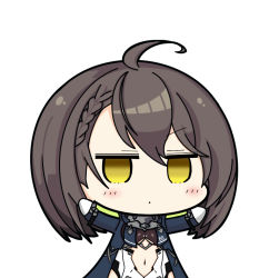 Rule 34 | 1girl, ahoge, arms up, azur lane, baltimore (azur lane), blue coat, blush stickers, braid, breasts, brown hair, center opening, chibi, clothing cutout, coat, collar, commentary request, french braid, gloves, hair between eyes, hood, hood down, hooded coat, jitome, long sleeves, looking at viewer, medium breasts, multicolored coat, navel, nejikirio (style), open clothes, open coat, parody, sentinel (ver20), short hair, sidelocks, simple background, solo, stomach cutout, style parody, underboob, underboob cutout, upper body, white background, white gloves, yellow eyes