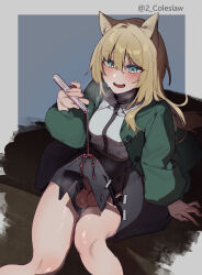 Rule 34 | 1girl, animal ears, arknights, arm support, black skirt, blonde hair, blush, bulge, collared shirt, dog ears, dog girl, dog tail, erection, erection under clothes, futanari, green eyes, green jacket, hair between eyes, highres, holding, jacket, long hair, long sleeves, mirin chikuwa, nervous smile, open clothes, open jacket, open mouth, penis, penis peek, podenco (arknights), pouring onto penis, shirt, sitting, skirt, smile, solo, tail, testicles, vial, white shirt