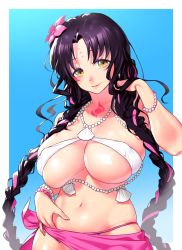 Rule 34 | 1girl, bare shoulders, bikini, black hair, blue background, blush, border, bracelet, braid, breasts, chest tattoo, cleavage, closed mouth, collarbone, facial mark, fate/grand order, fate (series), flower, forehead mark, hair flower, hair ornament, highres, jewelry, large breasts, long hair, looking at viewer, multicolored hair, navel, necklace, onsoku inu, parted bangs, pearl bracelet, pearl necklace, pink hair, sarong, sessyoin kiara, sesshouin kiara (swimsuit), sessyoin kiara (swimsuit mooncancer), sessyoin kiara (swimsuit mooncancer) (first ascension), smile, streaked hair, swimsuit, tattoo, twin braids, wavy hair, white bikini, white border, yellow eyes