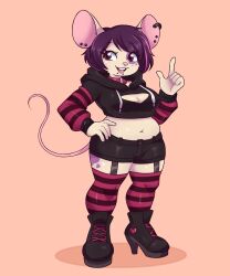 Rule 34 | 1girl, animal ears, artkett1412, belly, boots, breasts, brown eyes, cleavage cutout, clothing cutout, ear piercing, facial tattoo, furry, happy, heels, highres, jacket, large breasts, mouse ears, mouse girl, necktie, open mouth, original, piercing, pointing, pointing up, purple hair, short hair, shorts, simple background, smile, socks, tail, tattoo