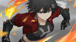 Rule 34 | 1girl, black hair, commentary, cropped jacket, english commentary, fire, grey eyes, hair ornament, hairclip, highres, jacket, jiang1274, looking at viewer, midriff, original, prosthesis, prosthetic arm, red jacket, science fiction, short hair, simple background, solo