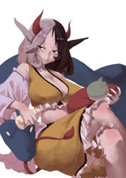 Rule 34 | 1girl, absurdres, animal ears, bare shoulders, bottle, breasts, cleavage, closed mouth, commentary, commentary request, cow ears, cow tail, crop top, frilled shirt, frilled shorts, frills, genshoku area, half-closed eyes, haori, highres, holding, horns, japanese clothes, knees, large breasts, crossed legs, lips, looking at viewer, midriff, milk bottle, multicolored hair, oni horns, plesiosaur, prehistoric animal, red eyes, red horns, shirt, shorts, simple background, sitting, smile, smirk, solo, split-color hair, tail, touhou, ushizaki urumi, white background, wide sleeves, yellow shirt, yellow shorts