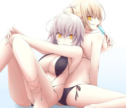 Rule 34 | 2girls, ahoge, ahsiu, anklet, artoria pendragon (all), artoria pendragon (fate), back-to-back, barefoot, bikini, black bikini, blonde hair, breasts, cleavage, eating, fate/grand order, fate (series), food, hair between eyes, hands on knee, holding, holding food, ice cream, jeanne d&#039;arc (fate), jeanne d&#039;arc alter (avenger) (fate), jeanne d&#039;arc alter (fate), jewelry, large breasts, looking at viewer, looking back, multiple girls, open mouth, parted lips, ringed eyes, saber alter, shiny skin, short hair, side-tie bikini bottom, sideboob, silver hair, simple background, sitting, smile, swimsuit, tongue, tongue out, white background, yellow eyes