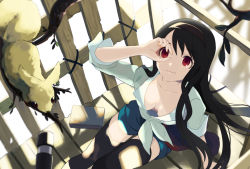 Rule 34 | 1girl, animal, bad id, bad pixiv id, black hair, black thighhighs, breasts, cleavage, collarbone, downblouse, fence, from above, front-tie top, hairband, harano, long hair, original, red eyes, shirt, shorts, sitting, smile, solo, thighhighs, tied shirt