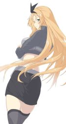 Rule 34 | 1girl, alternate costume, black skirt, blonde hair, blue eyes, breasts, cropped jacket, crossed arms, from behind, grey jacket, grey thighhighs, head tilt, highres, jacket, kantai collection, long hair, long sleeves, medium breasts, nelson (kancolle), profile, race queen, simple background, skirt, smile, solo, thighhighs, tsukira (amayadori), white background