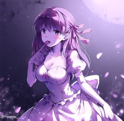 Rule 34 | 1girl, blush, bow, breasts, cleavage, collarbone, commentary, dress, elbow gloves, fate/stay night, fate (series), food, frilled dress, frills, full moon, gloves, hair bow, hand up, heaven&#039;s feel, index finger raised, long hair, matou sakura, medium breasts, moon, nyanya, official alternate costume, petals, puffy short sleeves, puffy sleeves, purple eyes, purple hair, red bow, short sleeves, solo, twitter username, white dress, white gloves