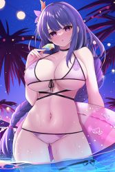 Rule 34 | 1girl, absurdres, alternate costume, balut (7676i), bare arms, bare shoulders, bikini, black choker, blush, braid, breasts, choker, flower, food, front-tie top, genshin impact, gluteal fold, hair flower, hair ornament, halterneck, highres, innertube, large breasts, long hair, looking at viewer, low-braided long hair, low-tied long hair, mole, mole under eye, moon, navel, night, palm tree, parted lips, partially underwater shot, pool, popsicle, purple eyes, purple hair, raiden shogun, single braid, sky, solo, star (sky), starry sky, stomach, string bikini, swim ring, swimsuit, thigh strap, tree, wading, water, wet