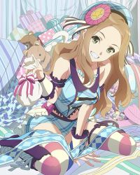 Rule 34 | 10s, 1girl, arm garter, arm support, bare shoulders, bow, box, brown hair, candy, food, frills, gift, gift bag, gift box, green eyes, grin, hat, kikuma kaya, long hair, looking at viewer, navel, official art, plaid, ribbon, sitting, smile, solo, striped clothes, striped thighhighs, stuffed animal, stuffed toy, teddy bear, thighhighs, wake up girls!, wake up girls! stage no tenshi, wariza