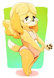 Rule 34 | 1girl, :&gt;, animal crossing, animal ears, animal hands, bad id, bad twitter id, bare shoulders, barefoot, black eyes, blonde hair, blush stickers, bra, breasts, closed mouth, dog ears, dog girl, dog tail, female focus, furry, furry female, glasses, gradient background, hair down, half-closed eyes, happy, isabelle (animal crossing), jpeg artifacts, looking at viewer, navel, nintendo, panties, pawpads, pink bra, pink panties, short hair, simple background, small breasts, smile, solo, sunibee, tail, underwear, underwear only
