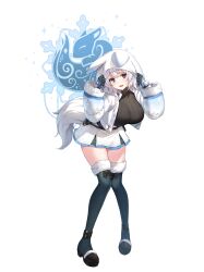 Rule 34 | 1girl, animal ears, bent over, black footwear, black gloves, black shirt, black thighhighs, boots, breasts, closers, crop top, cropped jacket, fake animal ears, fox ears, fox tail, full body, fur trim, gloves, hands up, highres, hood, hooded jacket, jacket, large breasts, levia (closers), long sleeves, looking at viewer, miniskirt, non-web source, official art, open clothes, open jacket, open mouth, puffy sleeves, purple eyes, ribbed shirt, shirt, short hair, skirt, solo, standing, tail, thigh boots, thighhighs, thighs, turtleneck, white hair, white jacket, white skirt, zettai ryouiki
