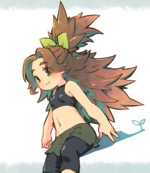 Rule 34 | 1girl, :3, black leggings, black shirt, blush, breasts, brown hair, check commentary, commentary request, crop top, enuma (uma-festival), green eyes, green ribbon, green skirt, hair ribbon, idolmaster, idolmaster cinderella girls, kusakabe wakaba, leggings, long hair, looking at viewer, messy hair, navel, parted bangs, ponytail, ribbon, shirt, sideways glance, sitting, skirt, small breasts, solo, spiked hair, stomach, thick eyebrows, very long hair, white background