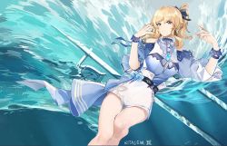 Rule 34 | 1girl, absurdres, artist name, bare shoulders, blonde hair, blue bow, blue eyes, blue flower, blue rose, blue shirt, bow, breasts, brooch, chinese commentary, commentary request, cross, cross earrings, earrings, feet out of frame, flower, genshin impact, hair bow, highres, jean (genshin impact), jean (sea breeze dandelion) (genshin impact), jewelry, long hair, long sleeves, medium breasts, ponytail, ritalem, rose, shirt, shorts, signature, solo, thighs, white shorts