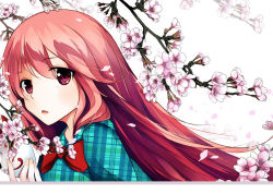 Rule 34 | 1girl, =w=w=w=, bow, branch, cherry blossoms, artistic error, expressionless, fox mask, hata no kokoro, holding, holding mask, long hair, looking to the side, mask, parted lips, petals, pink hair, plaid, plaid shirt, purple eyes, shirt, simple background, solo, tongue, touhou, unmoving pattern, upper body, white background, wind