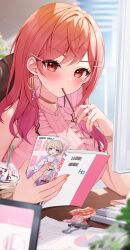 Rule 34 | 1girl, blurry, blurry foreground, blush, book, bracelet, choker, commentary request, cup, drink, earrings, eating, food, food in mouth, hair ornament, hairclip, highres, holding, holding book, hololive, hololive dev is, ichijou ririka, indoors, jewelry, long hair, looking at viewer, orange eyes, orange hair, pink shirt, pocky, ring, shirt, sleeveless, sleeveless shirt, solo, sweat, todoroki hajime, tyabesu, upper body, virtual youtuber