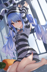 Rule 34 | 1girl, arms up, bare shoulders, barefoot, blue hair, blush, breasts, chain, commentary request, cuffs, hat, highres, hololive, indoors, kyaroru, long hair, long sleeves, looking at viewer, medium breasts, official alternate costume, prison, prison clothes, red eyes, revision, shirt, sitting, smile, solo, striped clothes, striped headwear, stuffed carrot, usada pekora, usada pekora (prisoner), very long hair, virtual youtuber, wariza
