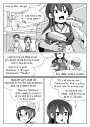 Rule 34 | 10s, admiral (kancolle), aircraft, airplane, akagi (kancolle), bucket, comic, eating, english text, closed eyes, glasses, greyscale, hat, highres, hot dog, japanese clothes, kantai collection, magatama, military, military hat, military uniform, monochrome, muneate, open mouth, pleated skirt, ryuujou (kancolle), sixten, skirt, smile, suspenders, twintails, uniform, visor cap