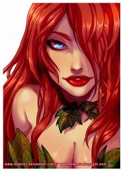 Rule 34 | 1girl, batman (series), blue eyes, breasts, choker, cleavage, dc comics, dewnoir, eyelashes, hair over one eye, leaf, lips, lipstick, long hair, looking at viewer, makeup, parted lips, poison ivy, portrait, red hair, red lips, rocio zucchi, simple background, smile, solo, white background