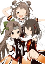 Rule 34 | 10s, 3girls, ;d, arm up, bad id, bad twitter id, black gloves, blush, bow, brown eyes, brown hair, closed eyes, detached sleeves, double bun, elbow gloves, gloves, grin, hair bow, hair bun, hair ornament, headband, jintsuu (kancolle), kantai collection, long hair, looking at viewer, multiple girls, naka (kancolle), one eye closed, open mouth, outstretched arm, rin (royal), scarf, school uniform, sendai (kancolle), serafuku, shared clothes, shared scarf, short hair, simple background, smile, v, white background, white gloves