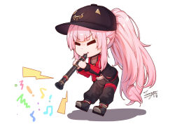 Rule 34 | 1girl, :t, = =, baseball cap, beamed eighth notes, black footwear, black hat, black jacket, black pants, black shirt, blush, chibi, closed eyes, closed mouth, commentary request, dated, eighth note, flute, full body, hat, holding, holding instrument, hololive, hololive english, instrument, jacket, lightning bolt symbol, long hair, mori calliope, mori calliope (streetwear), music, musical note, open clothes, open jacket, pants, pink hair, playing instrument, ponytail, shadow, shirt, shoes, signature, solo, tama yu, v-shaped eyebrows, very long hair, virtual youtuber, white background