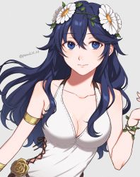 Rule 34 | 1girl, blue eyes, blue hair, bracelet, breasts, cleavage, dress, female focus, fire emblem, fire emblem awakening, grey background, head wreath, highres, jewelry, long hair, looking at viewer, lucina (fire emblem), lucina (valentine) (fire emblem), medium breasts, nintendo, official alternate costume, peach11 01, simple background, smile, symbol-shaped pupils, upper body, white dress