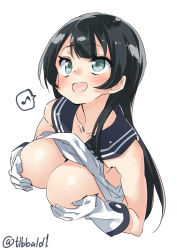 Rule 34 | 1girl, agano (kancolle), black hair, breasts, ebifurya, gloves, green eyes, highres, kantai collection, large breasts, long hair, musical note, open mouth, quaver, school uniform, serafuku, simple background, sleeveless, smile, solo, speech bubble, spoken musical note, white background, white gloves