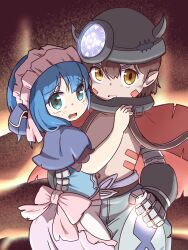 Rule 34 | 2boys, blue eyes, blue hair, brown hair, cape, child, commentary request, dark-skinned male, dark skin, facial mark, hand around waist, helmet, highres, horns, looking at viewer, made in abyss, maid, maid headdress, male focus, maruruk, mechanical arms, mino ido1024, multiple boys, navel, open mouth, regu (made in abyss), short hair, short sleeves, simple background, tears, trap, yellow eyes