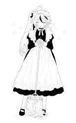 Rule 34 | 1boy, ahoge, apron, bow, bowtie, closed eyes, crossdressing, facing viewer, full body, greyscale, hair bow, highres, holding, holding mop, juliet sleeves, library of ruina, long hair, long sleeves, maid, male focus, meijiichigo, monochrome, mop, parted lips, project moon, puffy sleeves, side ponytail, solo, very long hair, yan vismok