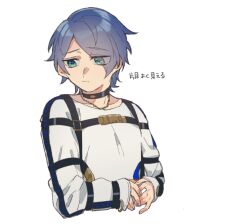 Rule 34 | 1boy, 4okan23, black choker, blue eyes, blue hair, choker, closed mouth, expressionless, facing viewer, gold necklace, jewelry, looking down, looking to the side, male focus, milgram, necklace, sakurai haruka (milgram), shirt, short hair, solo, translation request, white shirt